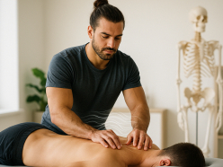 Osteopath behandelt liegenden Patienten mit manuellen Techniken am Ruecken in der Praxis